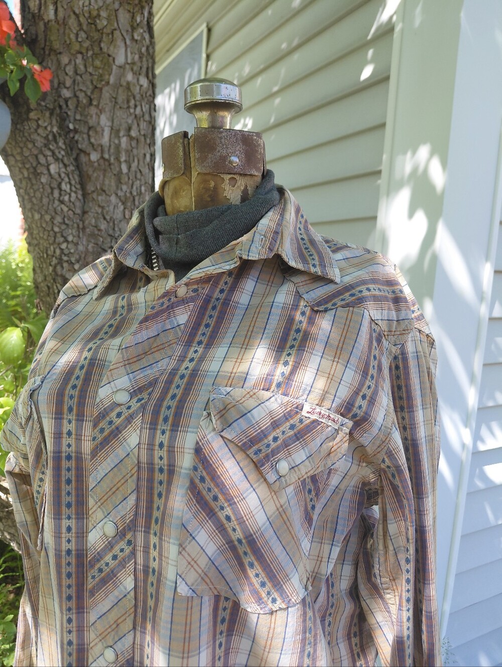 Lucky Brand western style pearl snap brown & navy blue plaid shirt Womens M - Picture 11 of 12